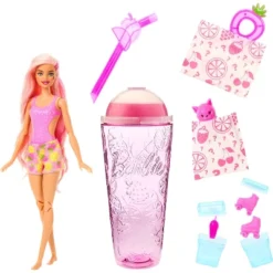 Barbie Pop Reveal Fruit Series Strawberry Lemonade Doll, 8 Surprises Include Pet, Slime, Scent & Color Change